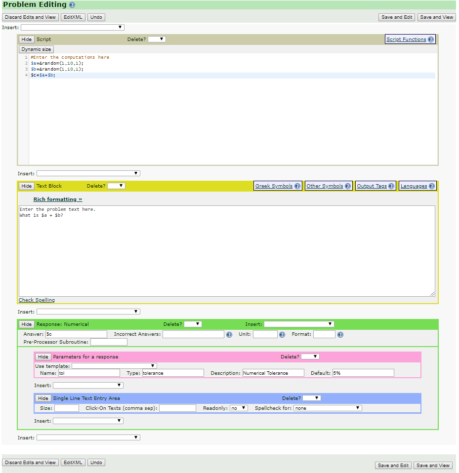 Figure 1: The LON-CAPA problem editor. The editor allows you to make changes to a problem, including variables, text, units, and parameters.