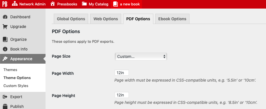 Page size width and height settings on the PDF Options page