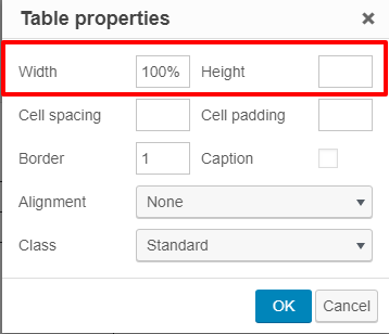 Width and Height properties in the table properties window